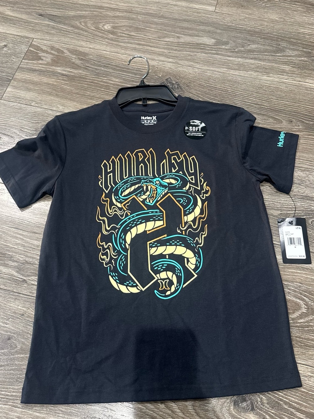 NWT Boys (10/12)Hurley Black Tee with Teal & Gold Snake Graphic